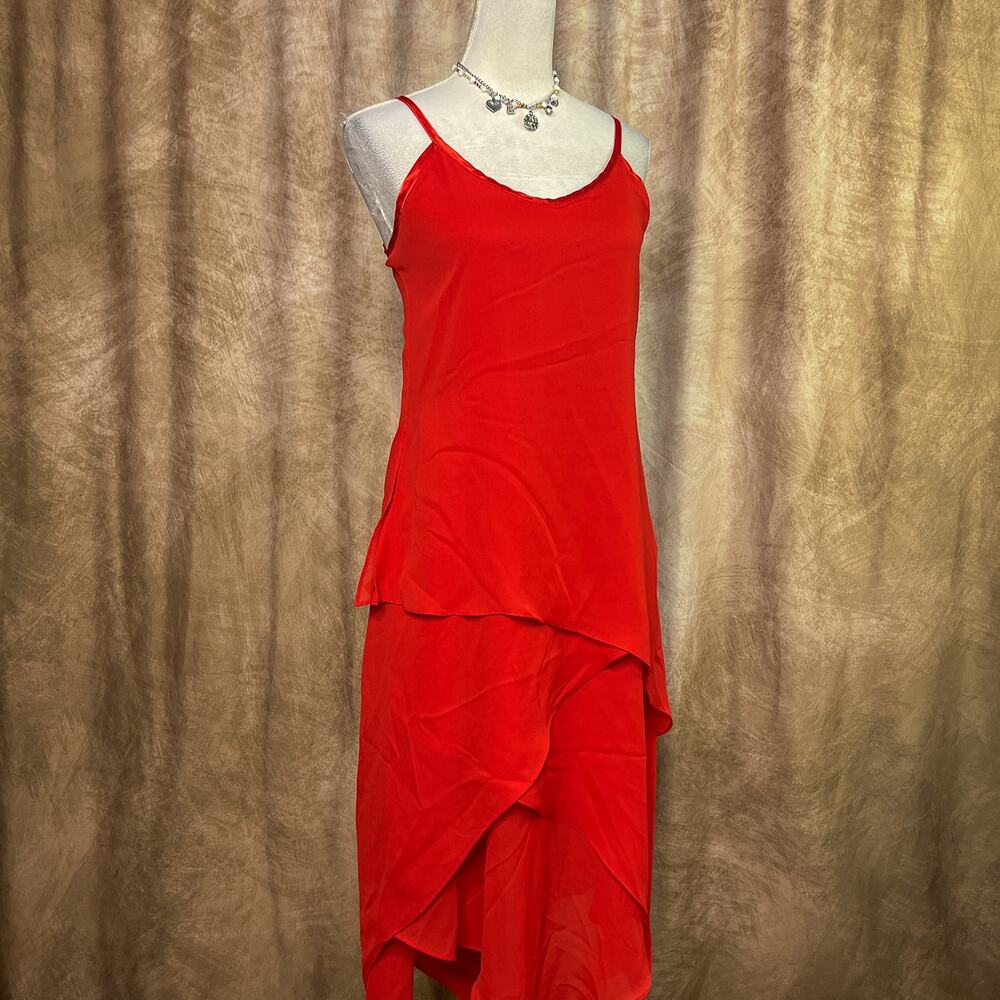 Vintage Y2K Layered Chiffon Dress Handkerchief Hem Red Sleeveless Midi Party